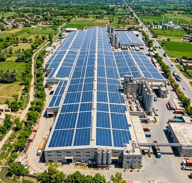 Aerial view of an industrial rooftop solar installation